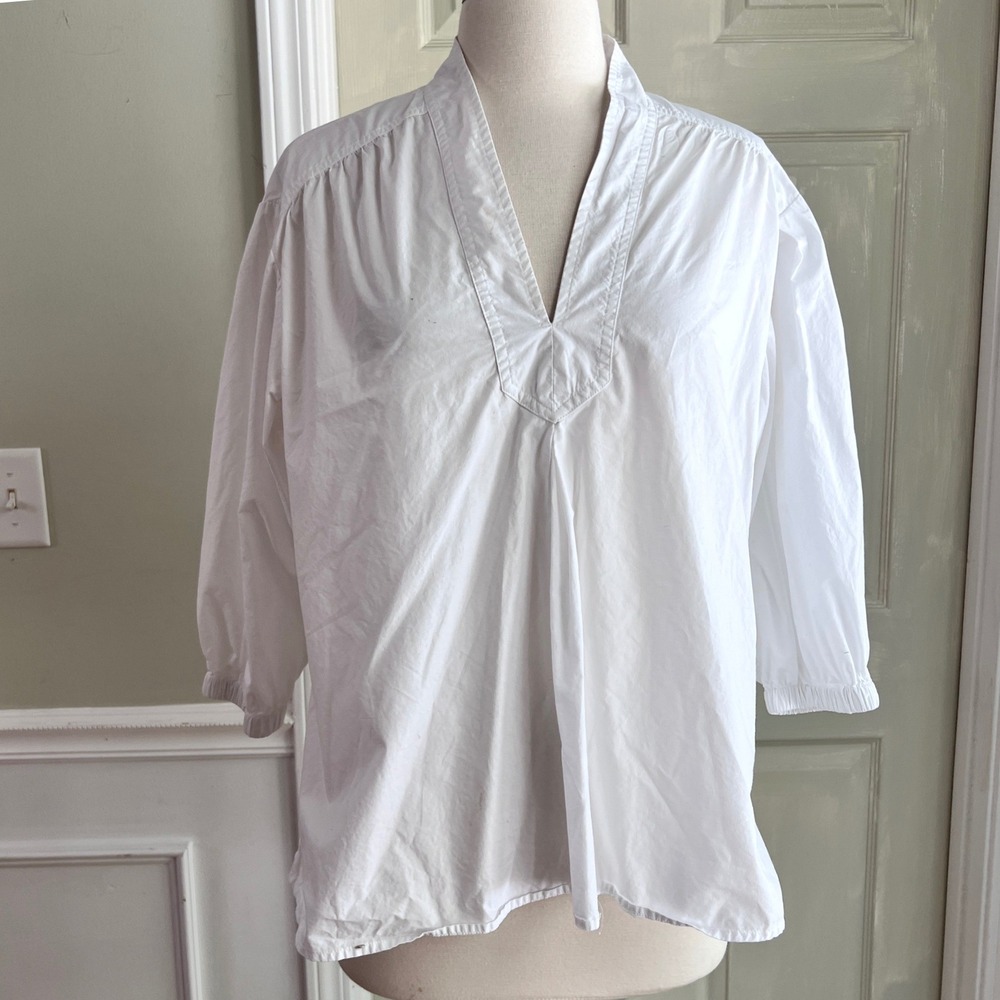French Connection Blouse M Womens V-Neck 3/4 Sleeve Cotton White Tunic Coastal